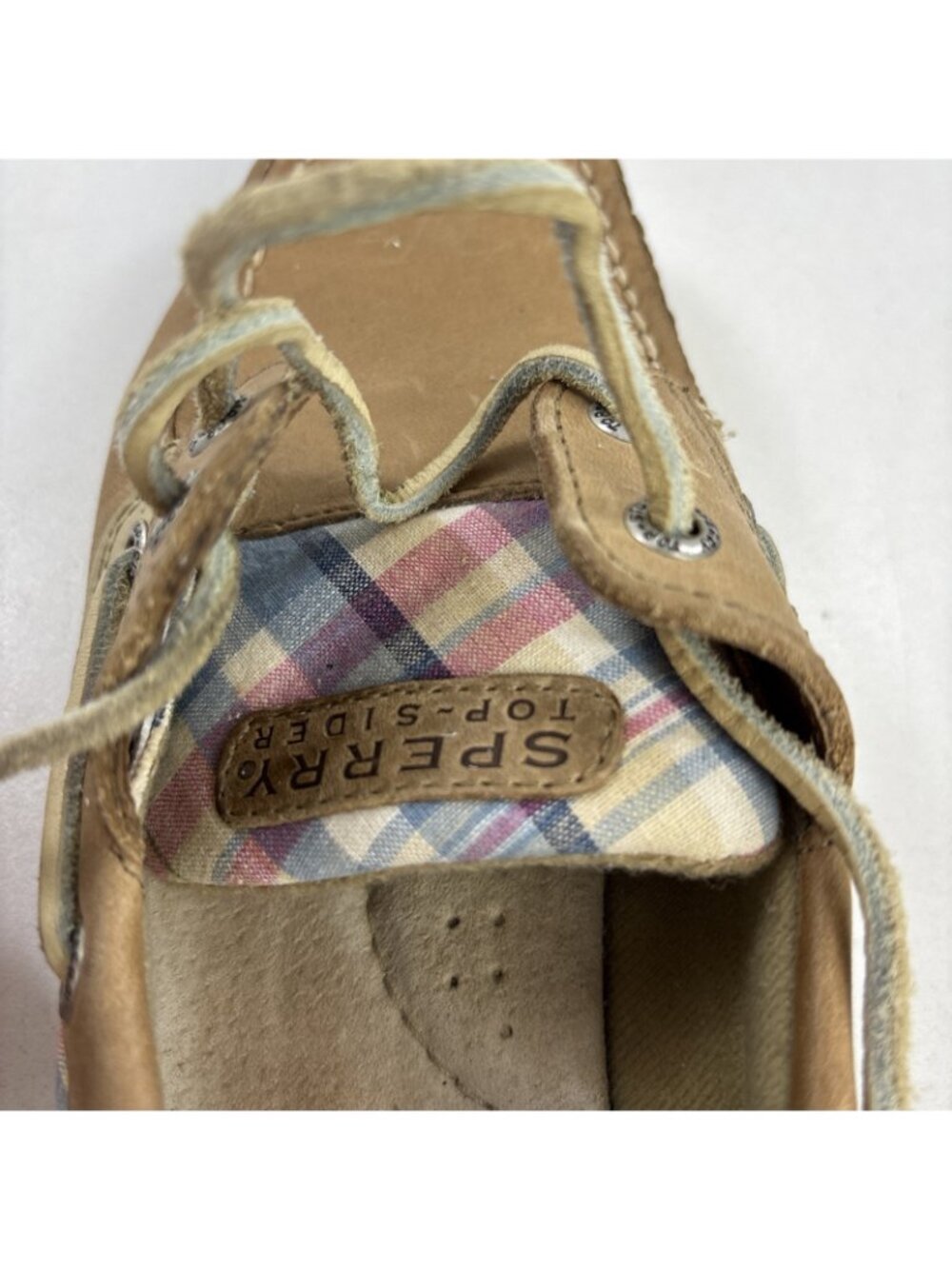 Sperry Top-sider Beige Leather Pastel Plaid Boat Shoes Size 7 - Picture 9 of 11